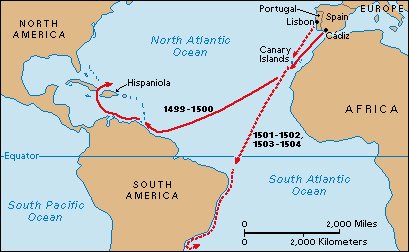 Karte des Atlantiks mit den Routen von Spanien und Portugal nach Hispaniola und an die Küste Südamerikas