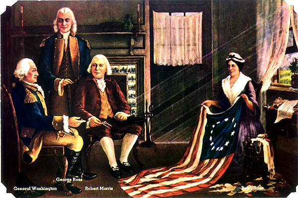 George Washington, George Ross und Robert Morris sitzen im Zimmer, Betsy Ross hält die Flagge auf