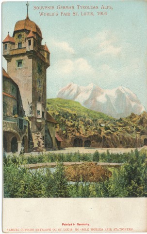 Eine Postkarte mit einem Turm vor gemalten Alpengipfeln, überschrieben mit German Tyrolean Alps