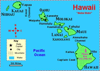 Karte der Inselkette mit Honolulu auf Oahu und dem Mauna Kea auf Hawaii