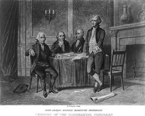 Ein Stich zeigt John Adams, Robert Morris, Alexander Hamilton und Thomas Jefferson