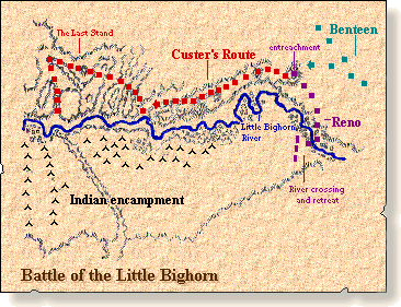 Der Weg Custers, die Stellungen von Reno und Benteen und das indianische Lager am Fluss