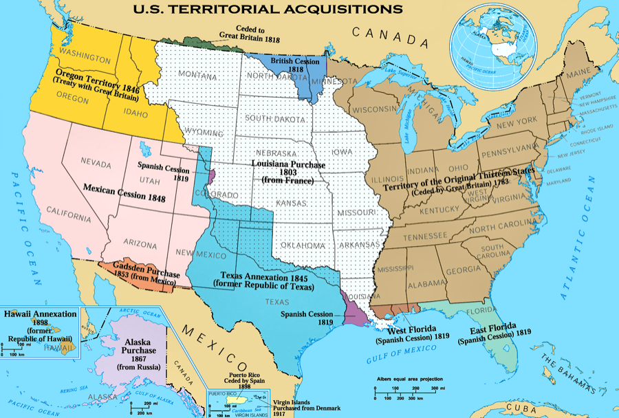 Karte mit den farbig abgesetzten Gebietserwerbungen von den dreizehn Kolonien bis Alaska und Hawaii