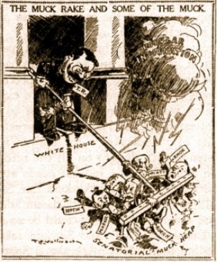 Roosevelt lehnt sich aus dem Weißen Haus und harkt in einem Haufen, der als Senatorial Muck Heap beschriftet ist