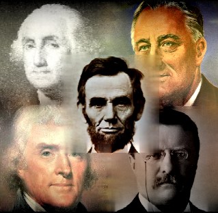 In der Mitte Abraham Lincoln, um ihn herum George Washington, Franklin D. Roosevelt, Thomas Jefferson und Theodore Roosevelt