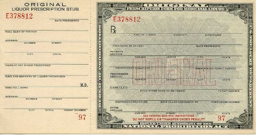 Ein Vordruck mit der Überschrift Prescription Form for Medicinal Liquor