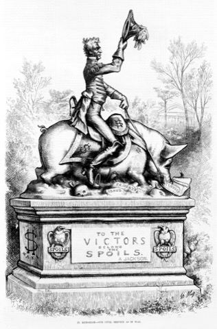Jackson als Denkmalsfigur auf einem Schwein, der Sockel trägt die Worte To the victors belong the spoils