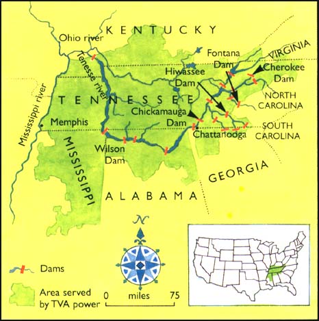 Karte des Tennessee-Tals mit den Staudämmen der TVA, darunter der Wilson Dam