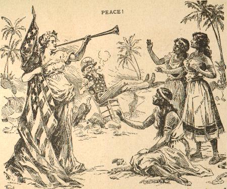 Über der Szene steht die Überschrift PEACE!, links bläst die Freiheitsgöttin in ein Horn, daneben sitzt Uncle Sam auf einem Stuhl, rechts stehen zwei Figuren unter Palmen, davor kniet eine dritte mit der Aufschrift CUBA