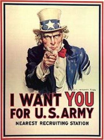 Uncle Sam mit Zylinder zeigt aus dem Bild heraus, darunter I want you for U.S. Army