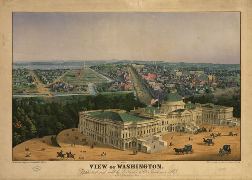 Eine kolorierte Stadtansicht, im Hintergrund das unfertige Washington Monument