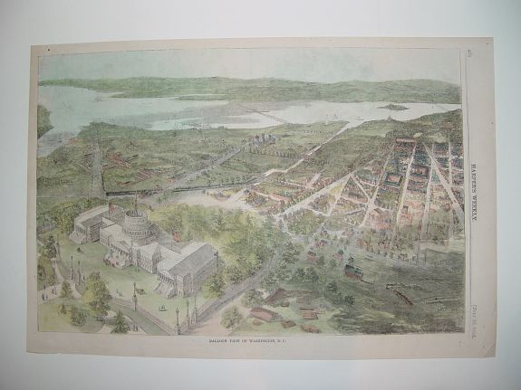 Eine kolorierte Vogelschau über die Stadt bis zum Potomac