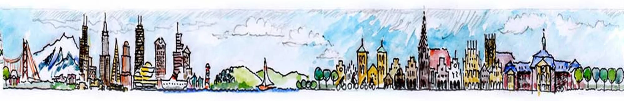 Gezeichnetes Panorama: links die Golden Gate Bridge, die Rocky Mountains und eine amerikanische Skyline, in der Mitte ein Leuchtturm und ein Segelboot auf dem Atlantik, rechts Münster mit Überwasserkirche, Lambertikirche, Dom, Giebelhäusern und Schloss.