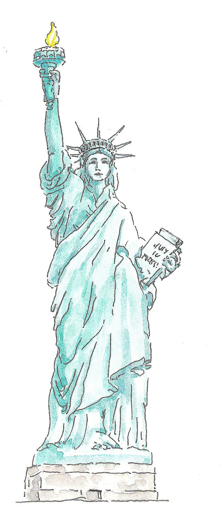 Zeichnung der Freiheitsstatue mit erhobener Fackel und Tafel, in Feder und grünlicher Aquarellfarbe.