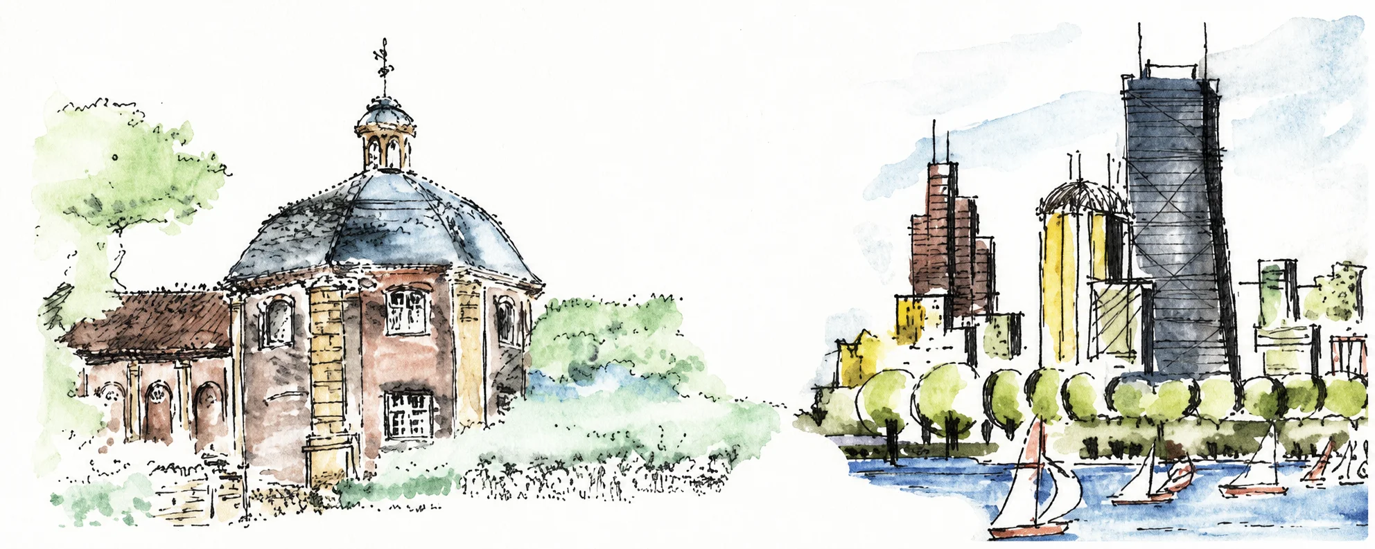 Zeichnung: links ein westfälisches Backsteinhaus mit kleinem Dachtürmchen zwischen Bäumen, rechts die Hochhäuser von Chicago hinter einer Baumreihe am Wasser, davor Segelboote.